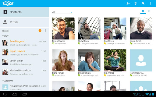 Skype для Андроїд обновлено. Підтримка планшетів.